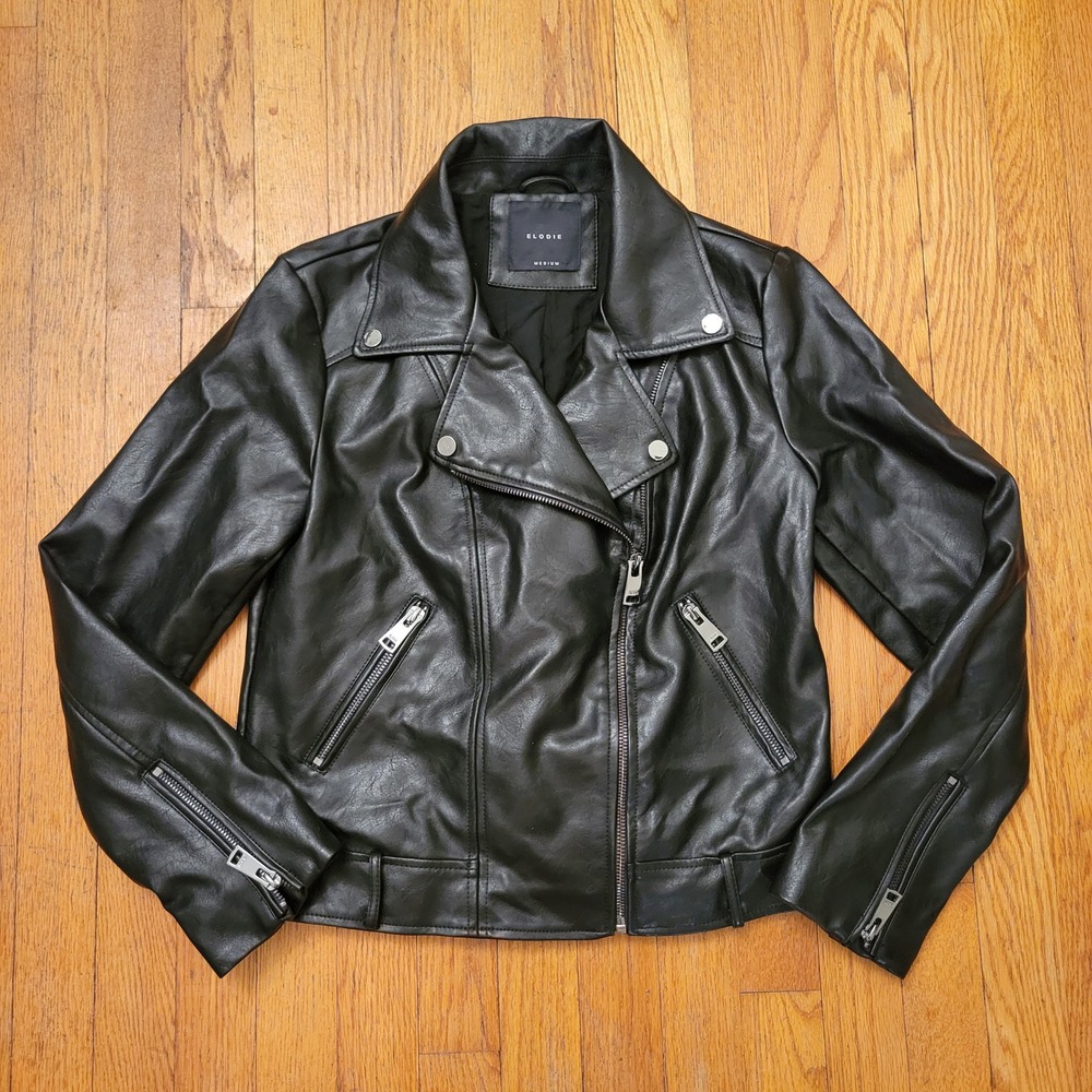 Elodie M Moto Jacket Black Faux Leather Asymmetrical Zip Biker